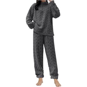 Dames Coral Fleece Pyjamaset - Fluffy, Zachte en Comfortabele Pyjamaset - Dames Pluche Pyjamaset - Warme en Comfortabele Dikke Pluche Coral Fleece Set voor de Winter - Dames Loungewear Pyjama's - Grijs - One Size