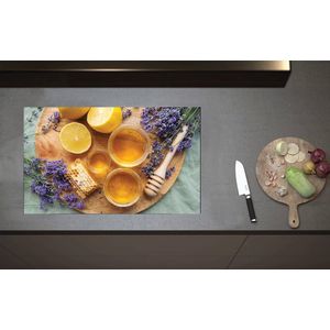 Inductieplaat Beschermer - Houten Plateau met Verse Honing en Lavendel Bloemen - 80x52 cm - 2 mm Dik - Inductie Beschermer van Vinyl