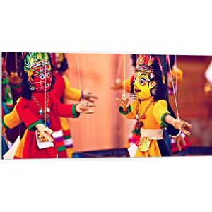 PVC Schuimplaat- Rode en Gele Marionette Poppen met Maskers - 100x50 cm Foto op PVC Schuimplaat