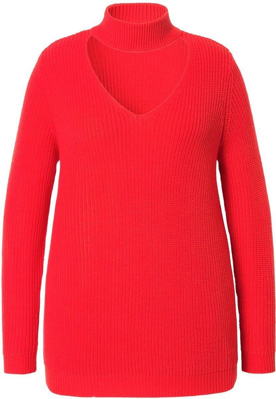 MIAMODA - Dames - Pullover regular fit V-hals met choker - Neonrood - Maat 42+