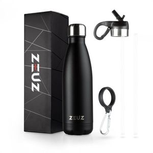ZEUZ Premium RVS Thermosfles & Drinkfles – Waterfles met Rietje - BPA Vrij – 500 ml - Mat Zwart