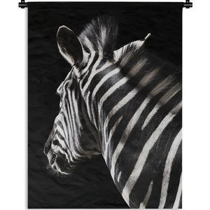 Wandkleed Dieren op een zwarte achtergrond - Hoofd van zebra op zwarte achtergrond Wandkleed katoen 60x80 cm - Wandtapijt met foto