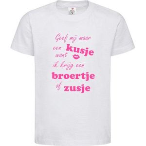 Shirt Aankondiging zwangerschap Geef mij een kusje want ik krijg een broertje of zusje | korte mouw | wit/roze | maat 86/92 zwangerschap aankondiging bekendmaking