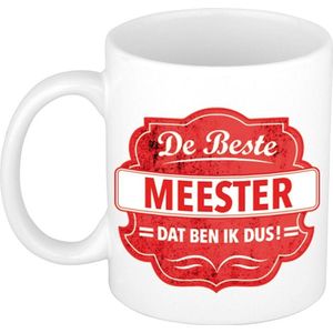 De beste meester dat ben ik dus cadeau koffiemok / theebeker rood embleem 300 ml - verjaardag / bedankje - cadeau meester / leraar / onderwijzer