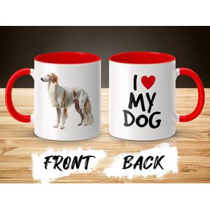 Mok rood/wit Borzoi dog - I love my dog / dog lover / dogs - ik hou van mijn hond / hondenliefhebber / honden