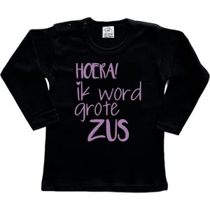 Shirt Aankondiging zwangerschap Ik word grote zus | lange mouw | Zwart/lila | maat 80 zwangerschap aankondiging bekendmaking Baby big sis sister