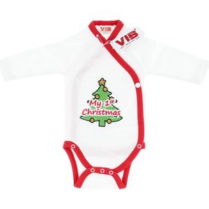 VIB® - Overslag romper 'My 1st X-Mas' wit-rood (0-3 m) - Babykleertjes - romper - rompertjes - rompertjes met tekst - baby cadeau - baby aankondiging - overslagromper