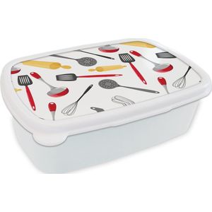 Broodtrommel Wit - Lunchbox - Brooddoos - Patronen - Keukengerei - Spatel - Deegroller - 18x12x6 cm - Volwassenen