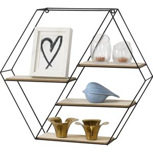 Wandrek Alethea - Hexagon - Met 4 Planken - 62x12x53 cm - Zwart en Houtkleurig - Metaal en Hout - Modern Design