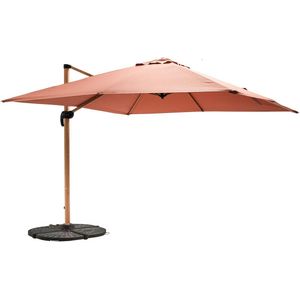 Oviala - Parasol van 3x3m en 4 verzwaarde tegels met houtkleurige klei-effect