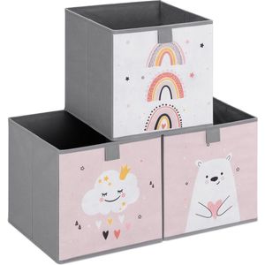 Navaris opbergdozen voor kinderen - Set van 3 opbergboxen met treklus - 28 x 28 x 28 cm - Opvouwbaar - Opbergmanden in roze/wit met dierenmotief