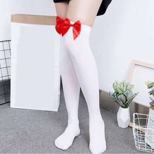 Overknee kousen met strik - 2 paar dames kniekousen in rood en wit