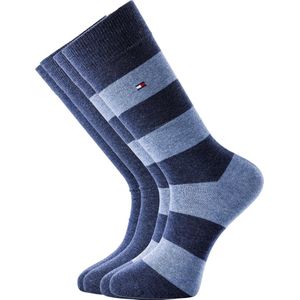 Tommy Hilfiger Rugby Stripe Socks (2-pack) - herensokken katoen gestreept en uni - jeans blauw - Maat: 39-42