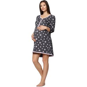 Be Mammy Dames Nachtemd - Zwangerschaps Nachthemd - Three-quarter mouwen - Katoen - BE-BE20-275-ND - GraphitSterrenRoze - M