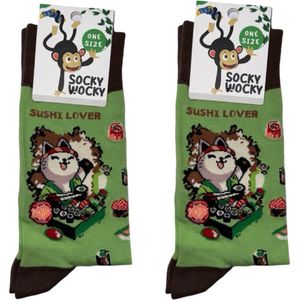 SUSHI LOVER - SOKKEN - 2 Pack - Grappige Sokken voor Mannen & Vrouwen - One Size Sokken met Tekst - Humorvolle Huissokken - Verjaardagscadeau - Geschenk voor Heren, Dames, Vader, Moeder, Vriendin, Zus, Oma - Cadeau