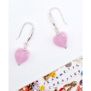 Jeannette-Creatief - Valentijn - Pink Glass - Roze oorbellen - Zilveren Oorbellen - Zilver 925 - Roze Hartjes - - Moederdag - Moederdagcadeau - Moeder