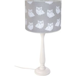 Staande lamp - Bureaulamp - Kinderlamp - Uil - Grijs - Wit - Hout - Lampenkap