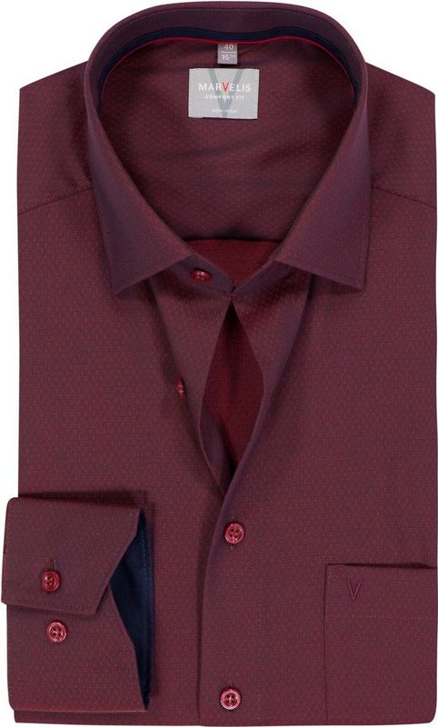 MARVELIS - Comfort Fit - Overhemd - Bordeaux Rood - Strijkvrij - Boordmaat 44