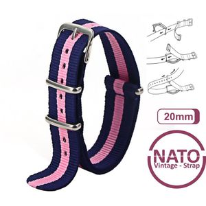 20mm Nato Strap Blauw met Roze streep - Vintage James Bond - Nato Strap collectie - Mannen - Horlogebanden - Blue Pink- 20 mm bandbreedte voor oa. Seiko Rolex Omega Casio en Citizen