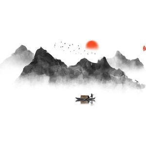 Mountains Silhouette Wall Sticker with Birds, Moon, and Fishing Boat - Living Room Mural for Sofa/TV Background or Office - 144 * 72CM