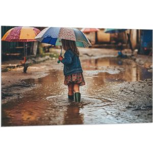 Vlag - Meisje - Regen - Laarzen - Paraplu - Plas - 105x70 cm Foto op Polyester Vlag