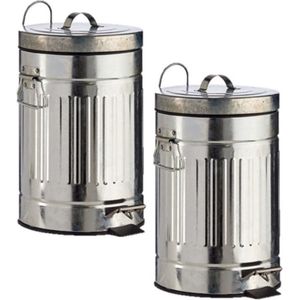 2x stuks vuilnisbakken/pedaalemmers zilver 7 liter 34 cm metaal - Afvalemmers - Prullenbakken