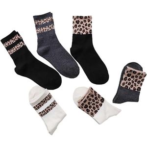 Set van 6 paar katoenen damessokken met warm luipaardpatroon, crew lengte en comfortabele pasvorm voor extra warmte in de winter