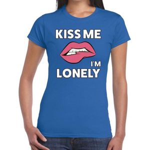 Kiss me I am Lonely t-shirt blauw dames - feest shirts dames XXL