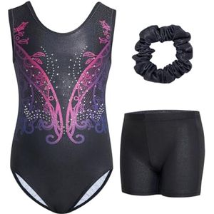 Driedelig Mouwloos Turnpakje voor Meisjes met Korte Broek en Haarband - Glitter Gymnastiekoutfits met Strass Accenten en Gekruist Rugontwerp