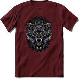 Wolf - Dieren Mandala T-Shirt | Paars | Grappig Verjaardag Zentangle Dierenkop Cadeau Shirt | Dames - Heren - Unisex | Wildlife Tshirt Kleding Kado | - Burgundy - L