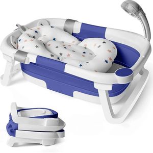 Babybad - Blauwe babybad - 3- in 1 - Inclusief kussen en thermometer -Antislip babybad - Zeer compact opvouwbaar - 63X42X20CM