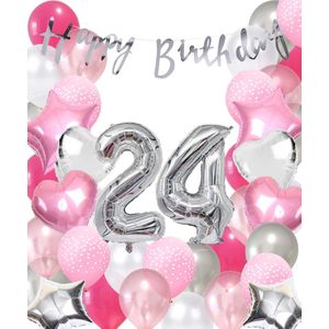 Snoes Ballonnen 24 Jaar Pink Blush Silver Mega Ballon - Compleet Feestpakket 24 Jaar - Verjaardag Versiering Slinger Happy Birthday – Folieballon – Latex Ballonnen - Helium Ballonnen - Zilver en Roze Verjaardag Decoratie