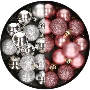28x stuks kleine kunststof kerstballen velvet roze en zilver 3 cm - kerstversiering