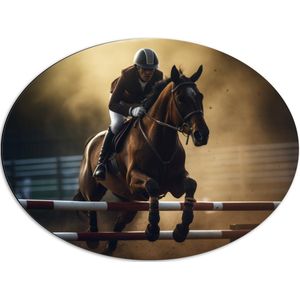 Dibond Ovaal - Racepaard met Ruiter in Actie - 68x51 cm Foto op Ovaal (Met Ophangsysteem)
