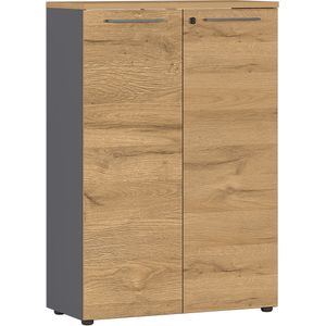 Lage dichte kantoorkast Ergonoma Eiken - Grafiet - Breedte 80 cm - Hoogte 120 cm - Diepte 40 cm - Met planken - Met openslaande deuren