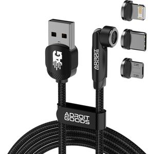 AdroitGoods Magnetische oplaadkabel - 3 in 1 - USB-C, Lightning, Micro USB - 2 Meter - Zwart