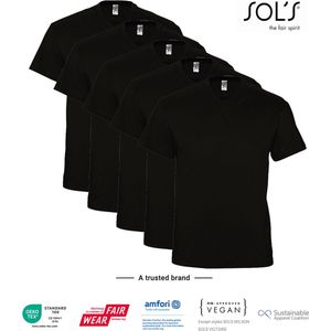5 Pack SOLS V-hals, Heren T-Shirt 100% katoen V-hals, Zwart, Maat S