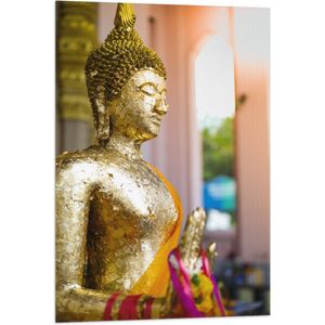 Vlag - Zijaanzicht van Goudkleurige Boeddha - 60x90 cm Foto op Polyester Vlag