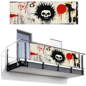 Balkonscherm 300x100 cm - Balkonposter Graffiti - Schedel - Abstract - Rood - Balkon scherm decoratie - Balkonschermen - Balkondoek zonnescherm