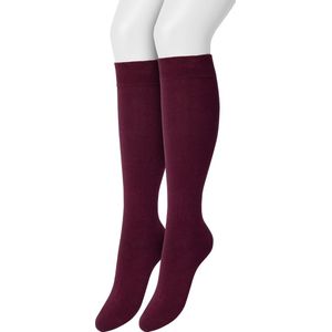 Bonnie Doon Dames Kniekousen Donker Rood maat 35/38 - 2 paar - Knie Kousen - 2-pack - Multipack - Uitstekend draagcomfort - Cotton Knee High - Zakt niet af - Effen - OEKO-TEX - Donkerrood - Wijn Rood - Bordeaux - Wine - OL834302.396