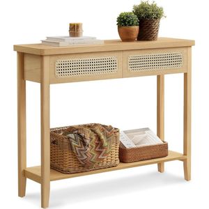 Furnstar Consoletafel – Haltafel met 2 Laden & Open Plank – Smalle Banktafel voor Hal of Woonkamer – Boho-Stijl – Afgeronde Hoeken – Grenenhout – LNT016Y57