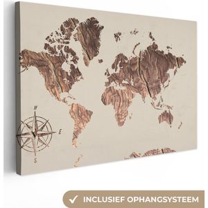Canvas Wereldkaart - 150x100 - Wanddecoratie Wereldkaart - Hout - Windroos
