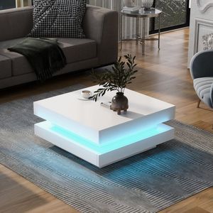 Hoogglans vierkante salontafel met plug-in 16-kleuren LED-verlichting - 2-laags vierkante koffie - centrale cocktailtafel voor woonkamer klein appartement lounge kantoor -27,5''x27,5''x14,2'' wit