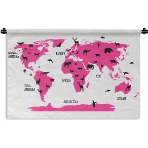 Wandkleed Trendy wereldkaarten - Zacht roze wereldkaart met verscheidene dieren Wandkleed katoen 180x120 cm - Wandtapijt met foto