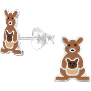 Joy|S - Zilveren kangoeroe oorbellen - 7.5 x 9.5 mm - met baby in de buidel - kinderoorbellen