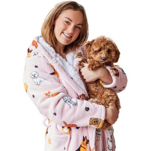 Dames badjas honden - fleece badjas met capuchon - ultra zacht en warm - cadeau - honden badjas voor dames - maat S/M