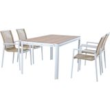 AXI Zora Tuinset met 4 stoelen Wit met Hout-look PSPC – Gepoedercoat aluminium frame – Stoel met dubbel geweven touwen - Polywood tafelblad