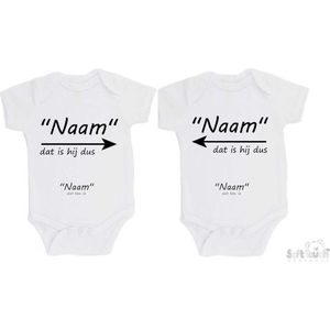 100% katoenen Rompers 2-pack Gepersonaliseerd Met eigen Namen """"Naam"" dat is hij/zij dus ""Naam"" dat ben ik"" Tweeling Unisex Katoen Wit/zwart Maat 62/68