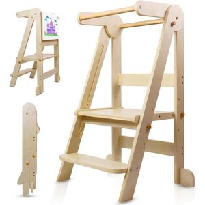 Leertoren van hout met inklapbaar ontwerp en magnetische whiteboards - 3 verstelbare hoogtes - Geschikt voor kinderen van 1-6 jaar