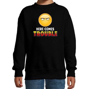 Funny emoticon sweater Here comes trouble zwart voor kids - Fun / cadeau trui 134/146